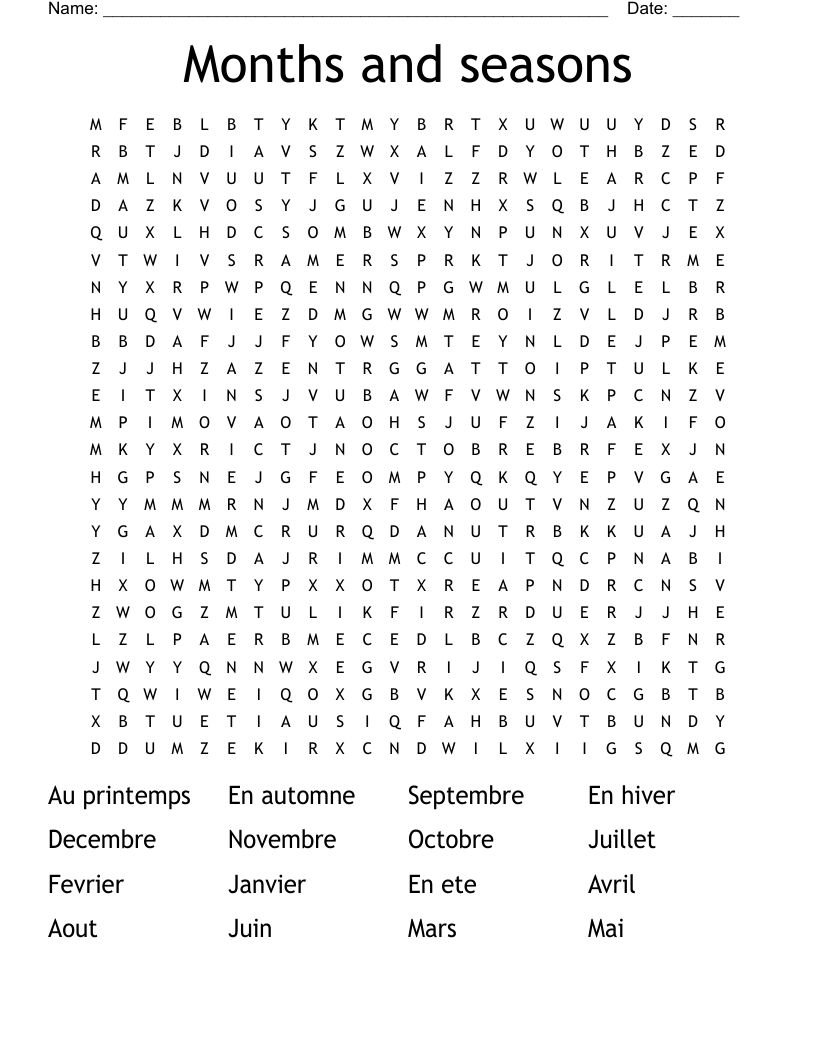 Months and seasons Word Search