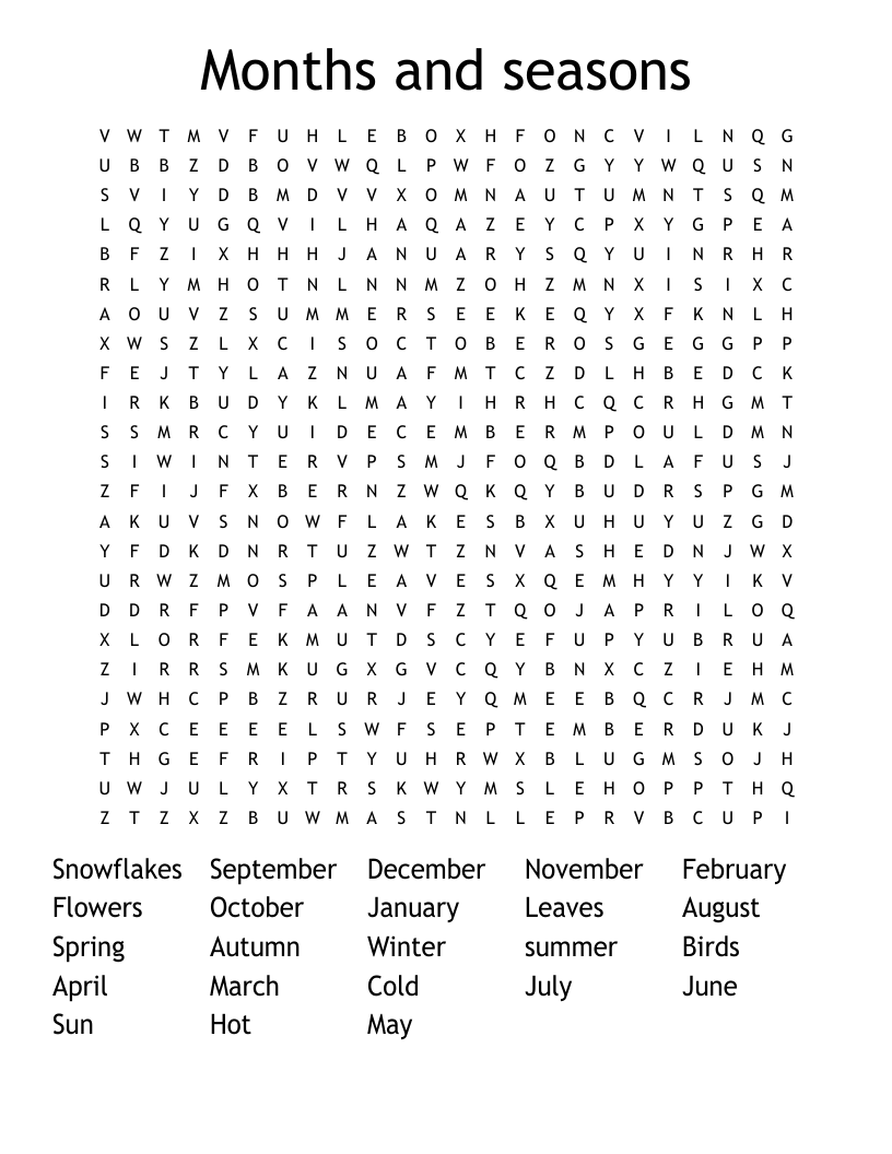 Months and seasons Word Search