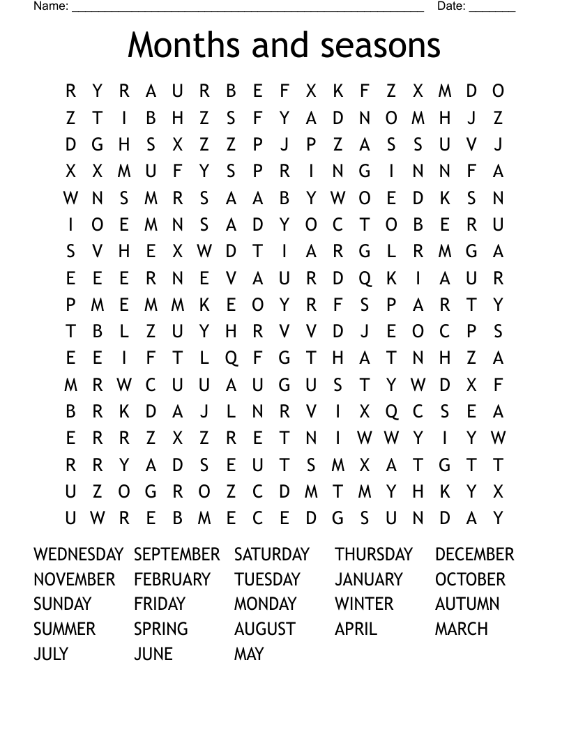 Months and seasons Word Search