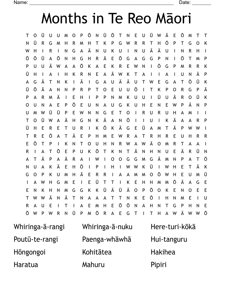 Months in Te Reo Māori  Word Search