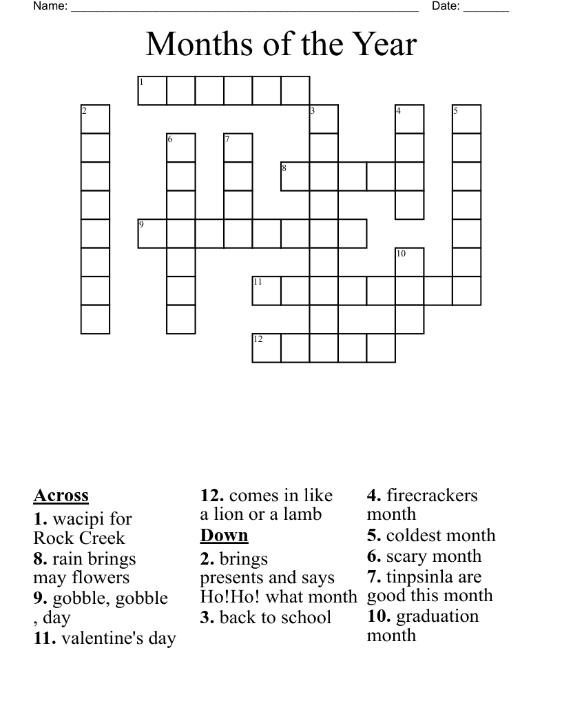 Months of the Year Crossword