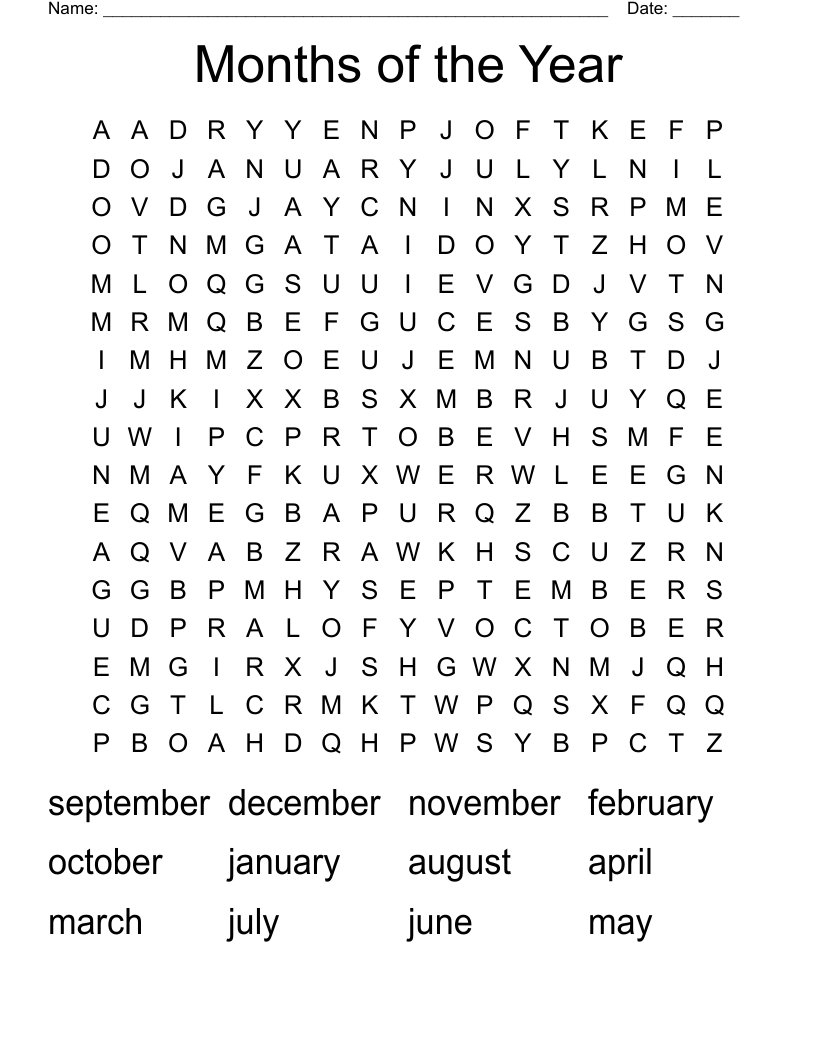 Months of the Year Word Search