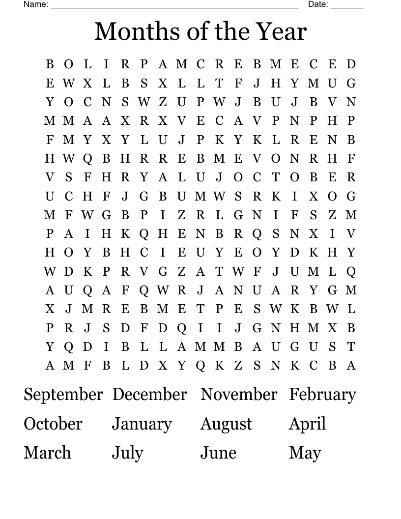 Months of the Year Word Search