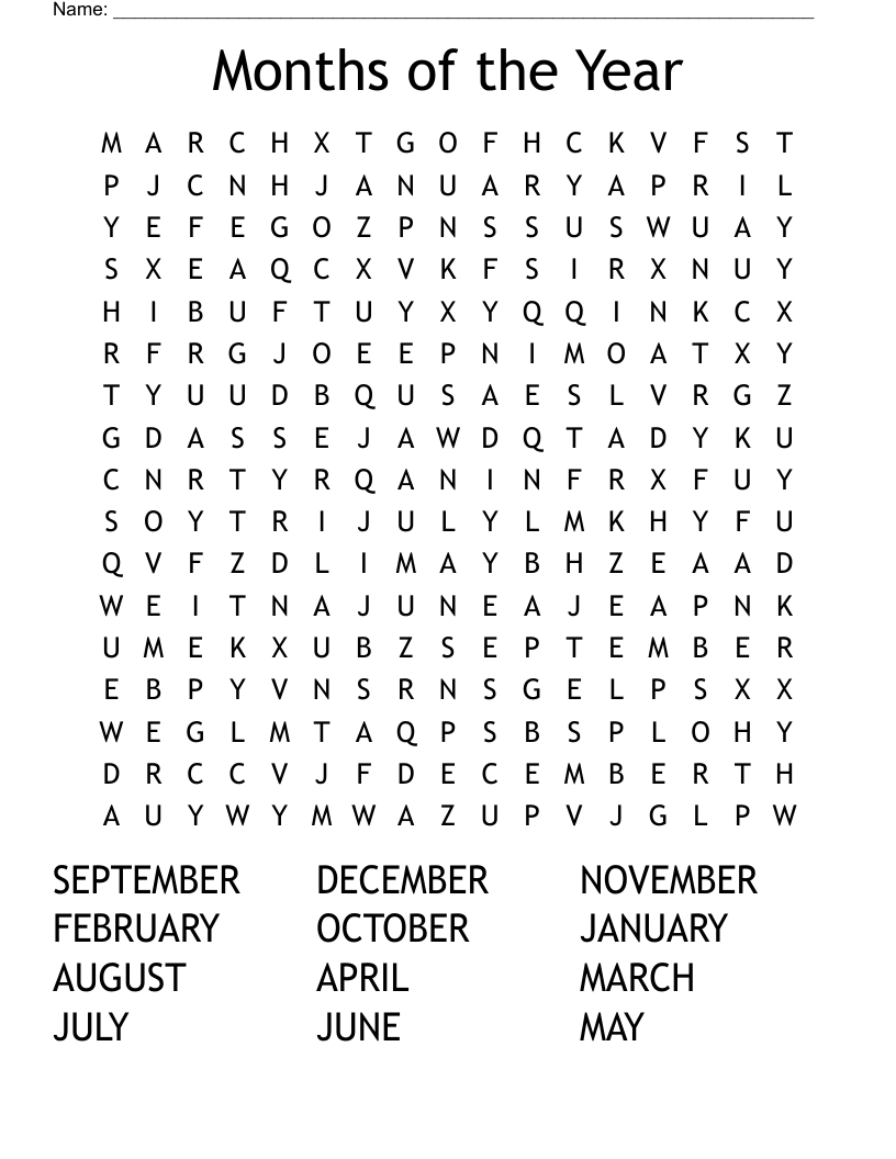 Months of the Year Word Search