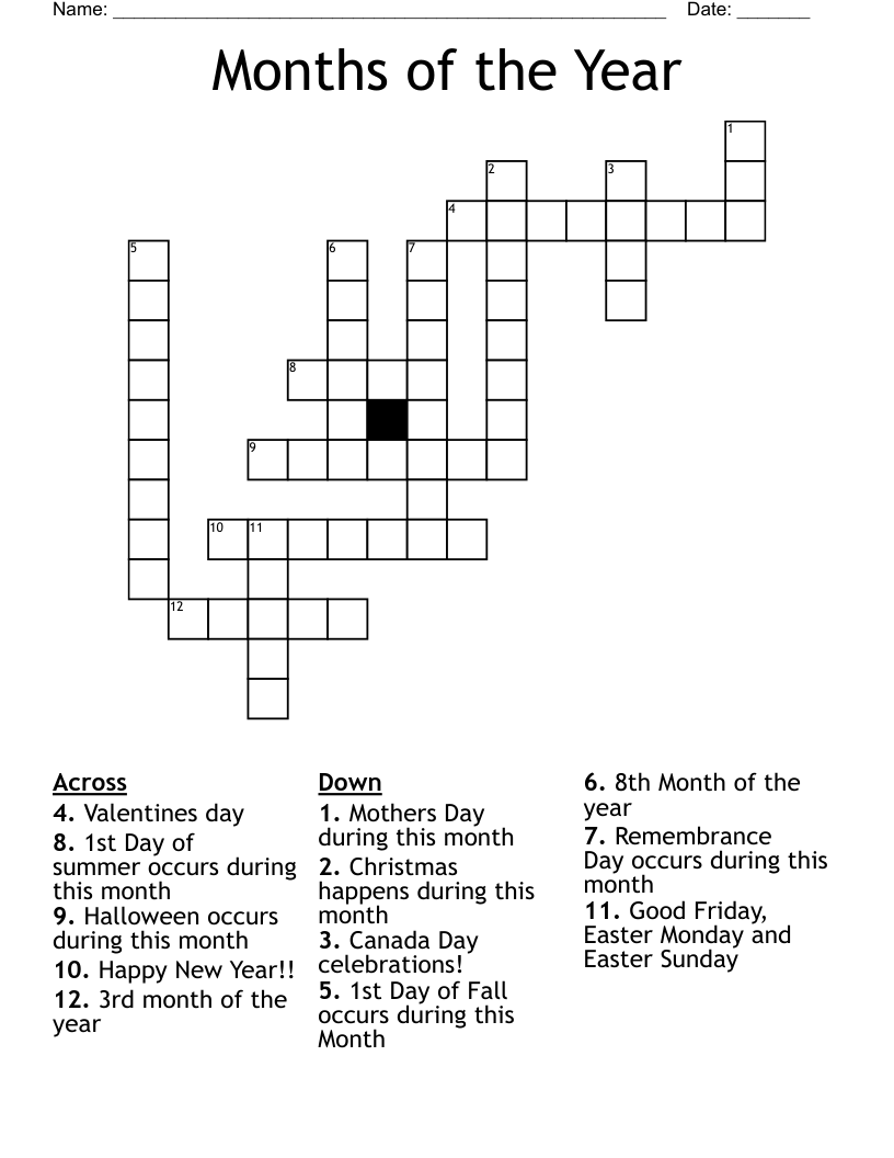 Months of the Year Crossword