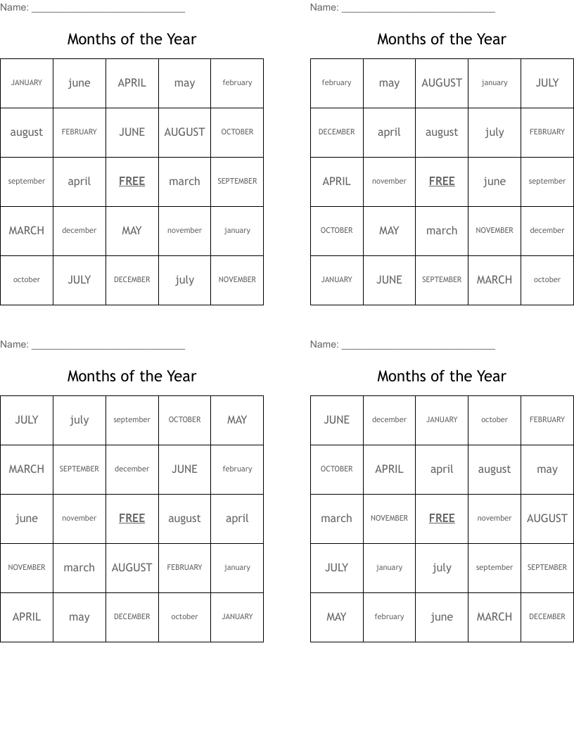 Months of the Year Bingo Cards
