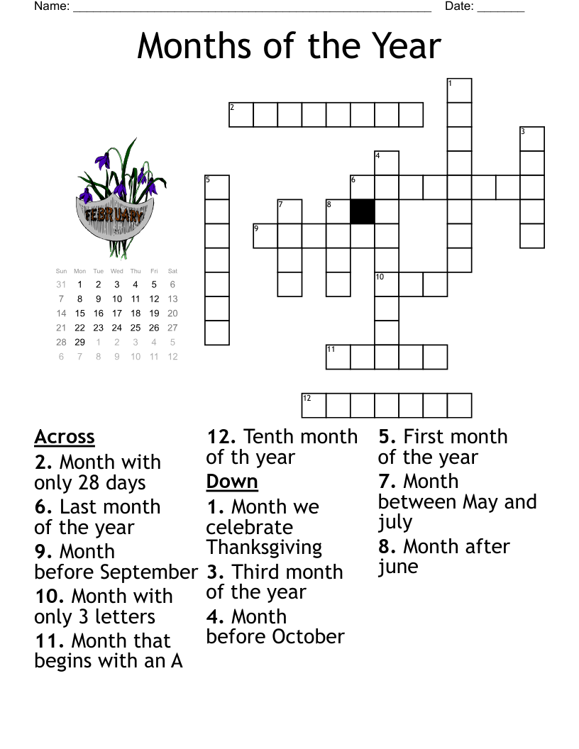 Months of the Year Crossword
