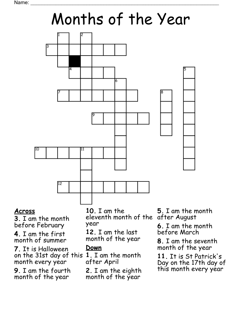 Months of the Year  Crossword