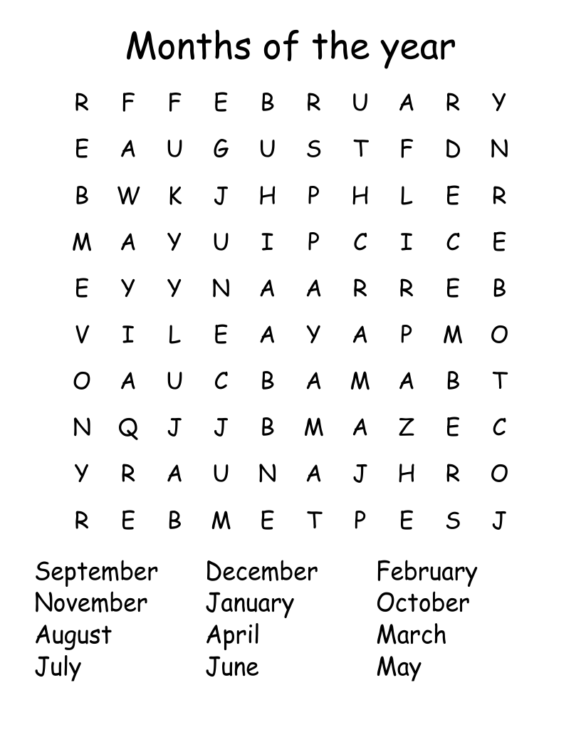 Months of the year Word Search