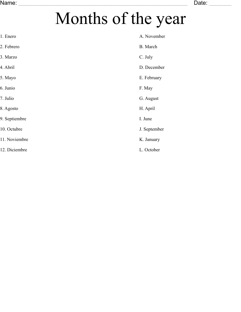 Months of the year Worksheet