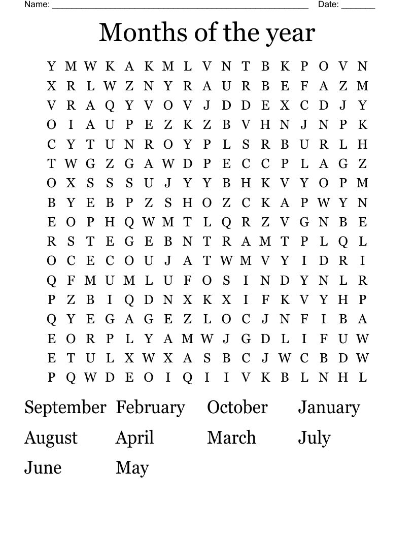 Months of the year Word Search