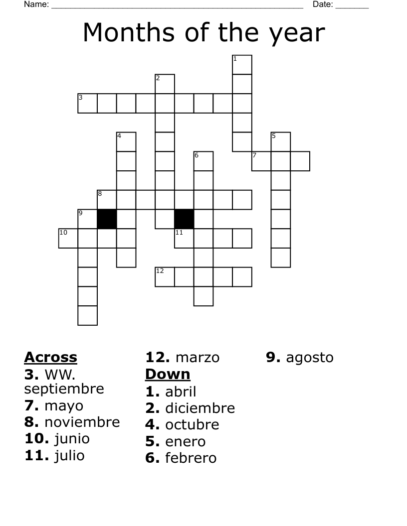Months of the year Crossword