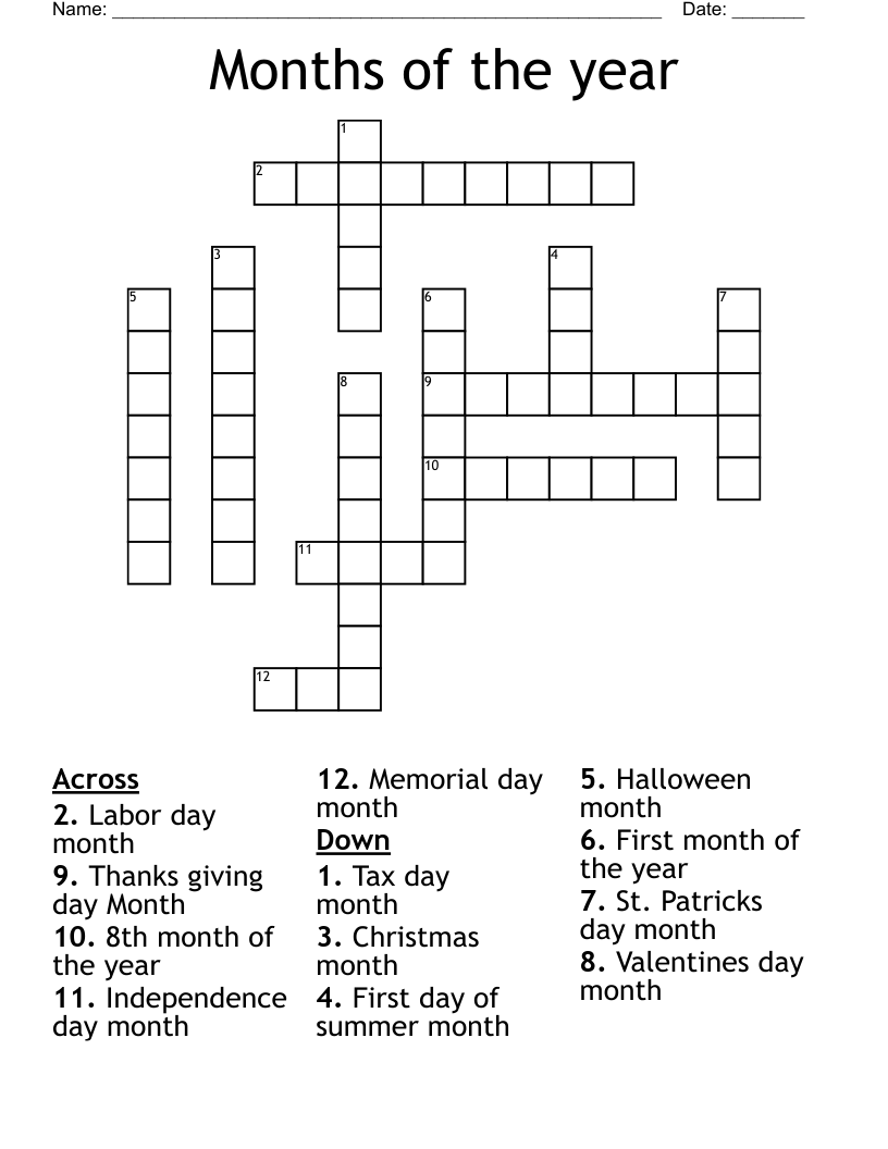 Months of the year Crossword