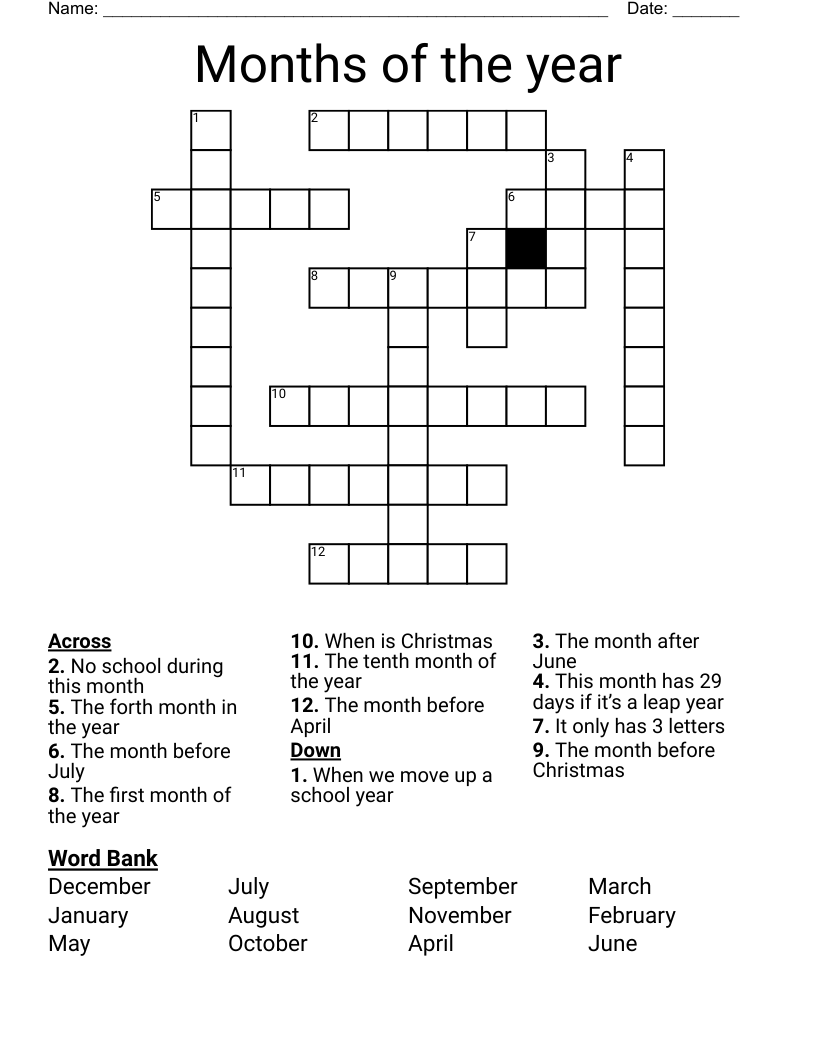 Months of the year Crossword