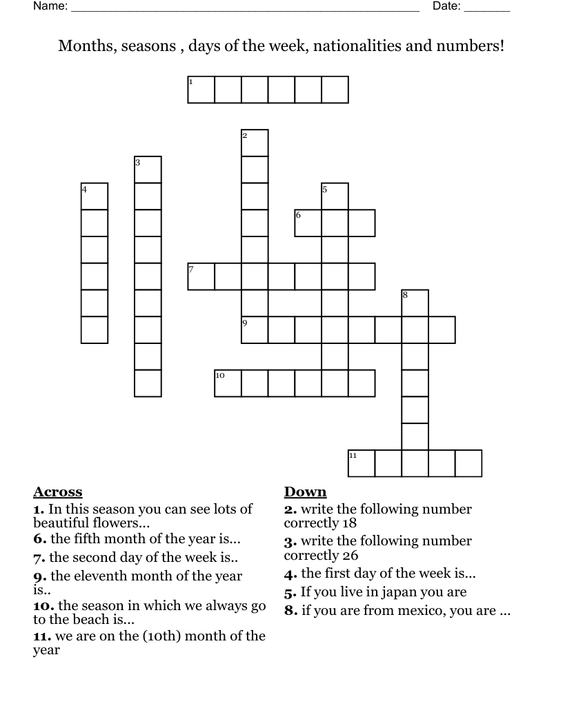 Months, seasons , days of the week, nationalities and numbers! Crossword