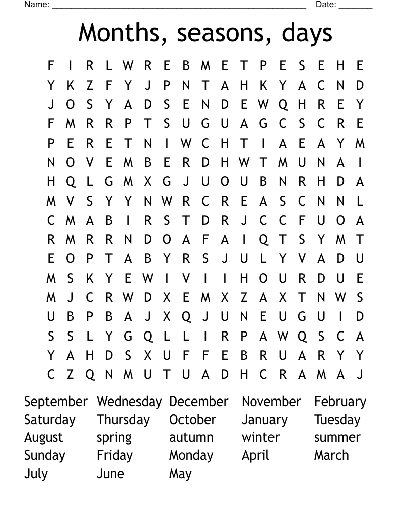 Months, seasons, days Word Search