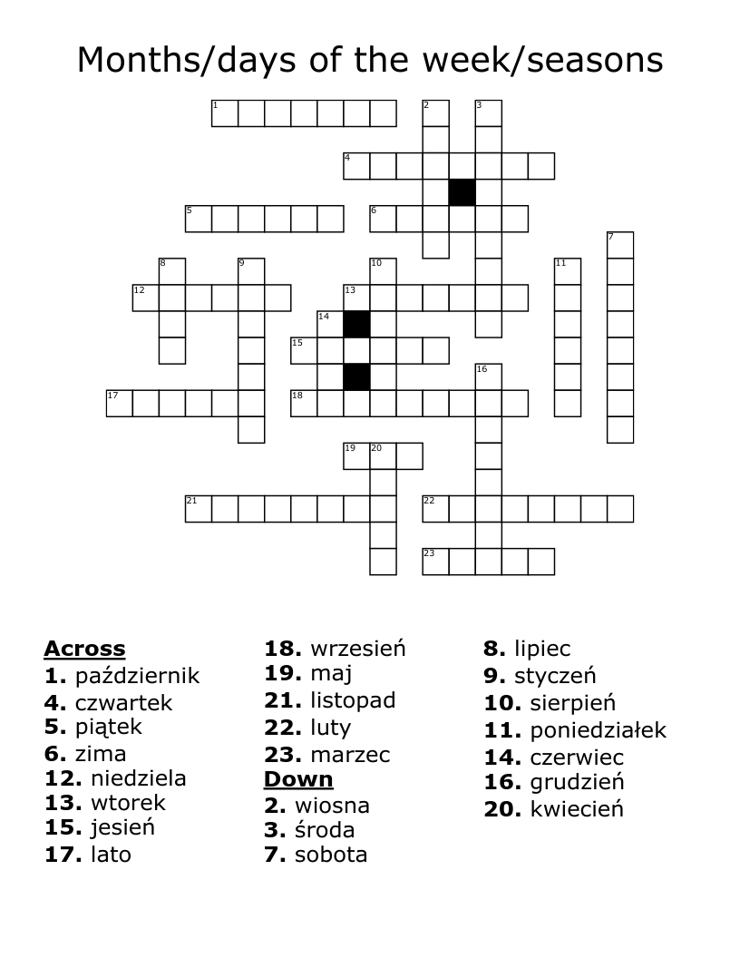 Months/days of the week/seasons Crossword