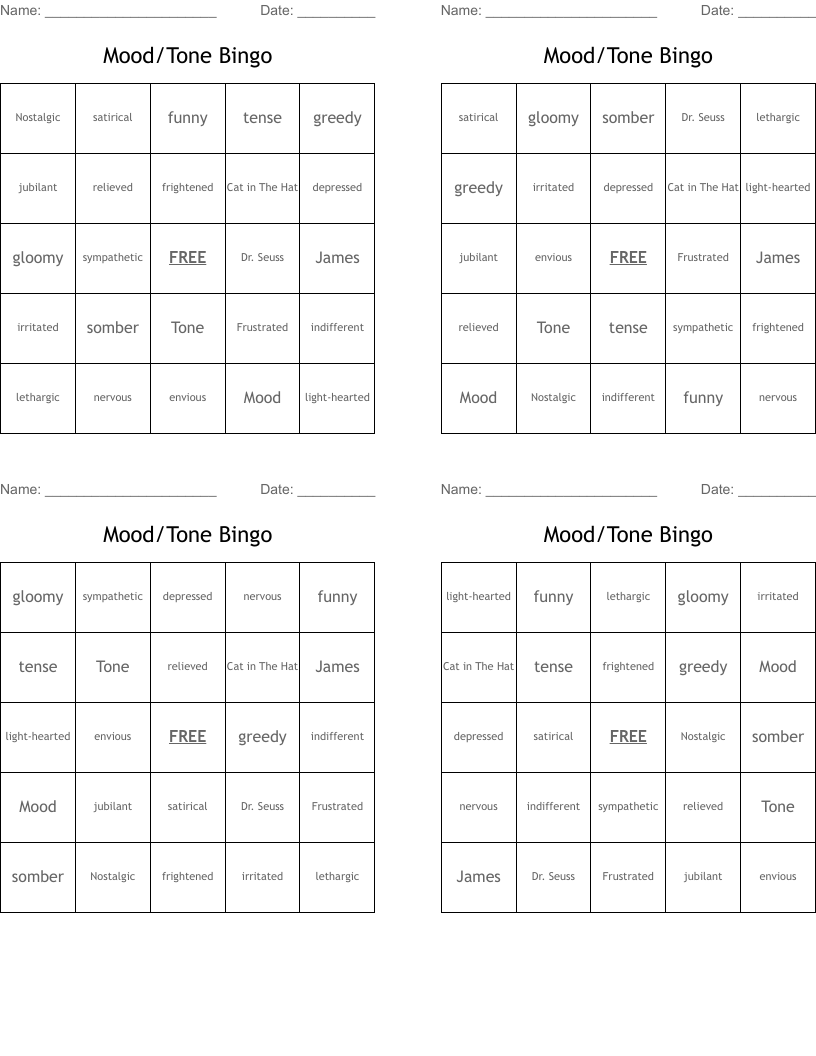 Mood/Tone Bingo