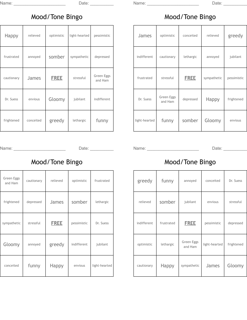 Mood/Tone Bingo