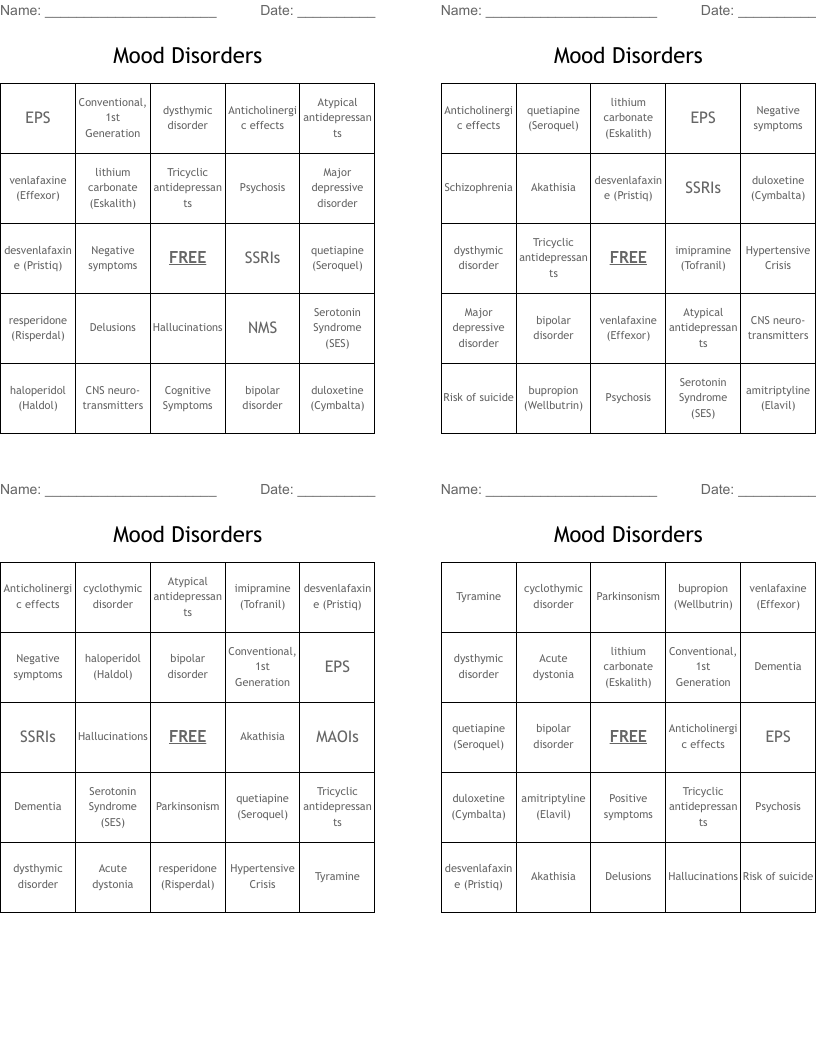 Mood Disorders Bingo Cards