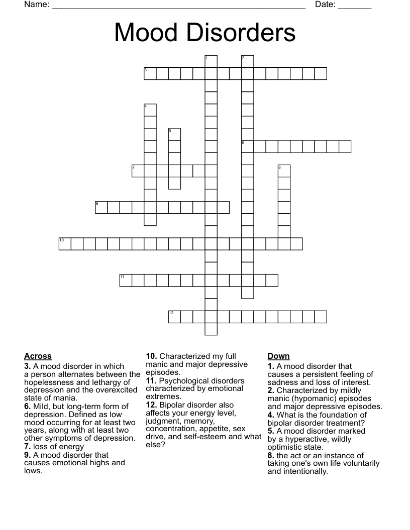 Mood Disorders Crossword