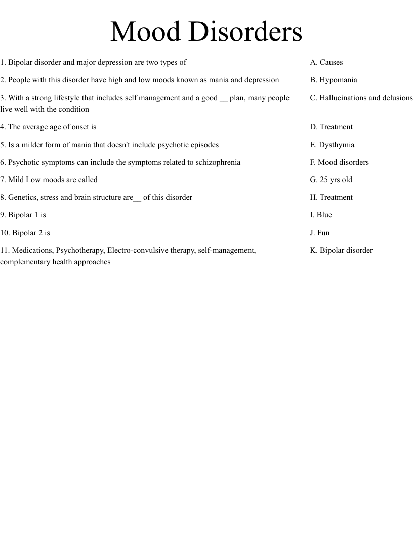 Mood Disorders Worksheet
