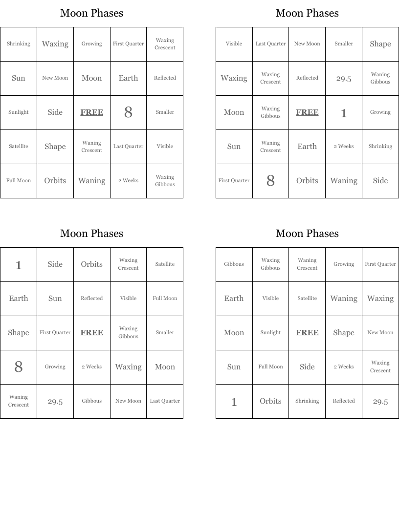 Moon Phases Bingo Cards