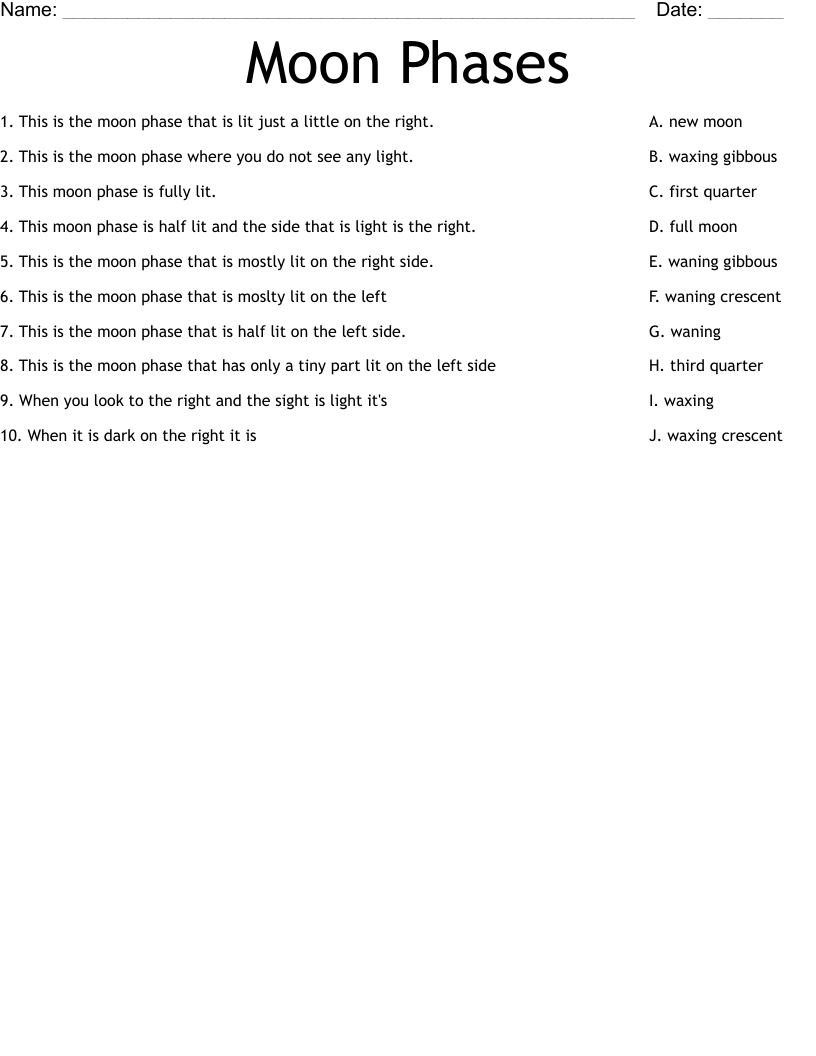 Moon Phases Worksheet