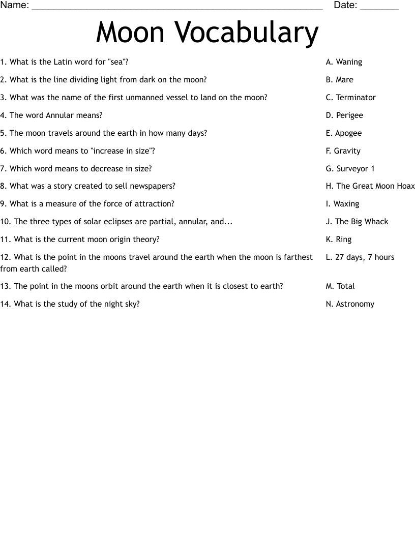 Moon Vocabulary Worksheet