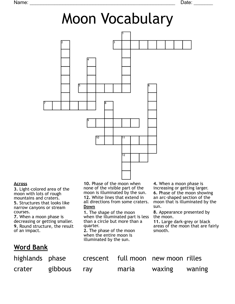 Moon Vocabulary Crossword