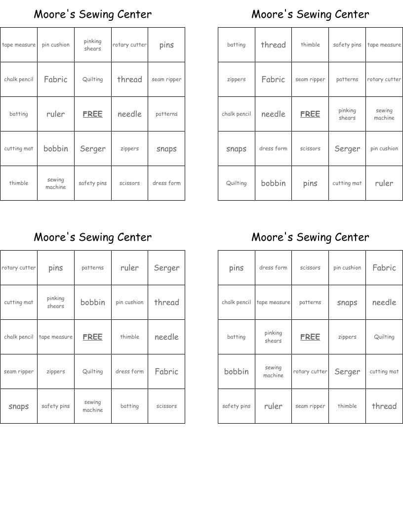 Moore's Sewing Center Bingo Cards