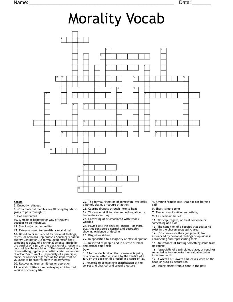 Morality Vocab Crossword