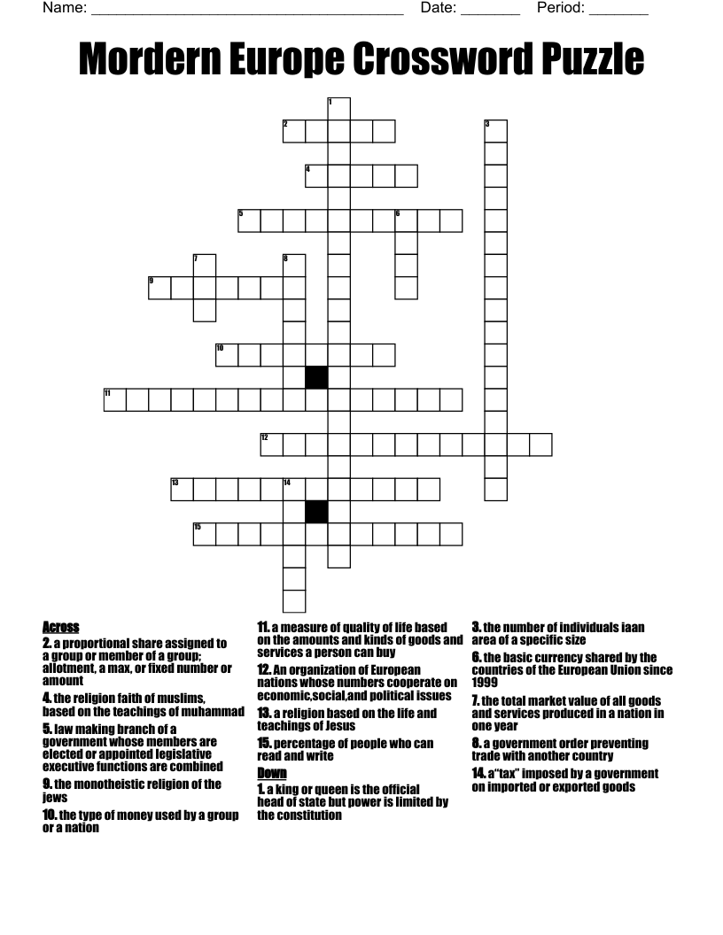 Mordern Europe Crossword Puzzle 