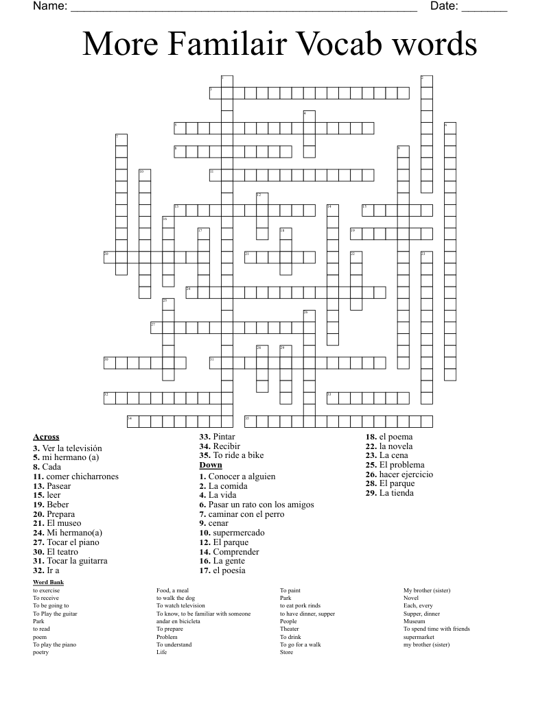 More Familair Vocab words  Crossword