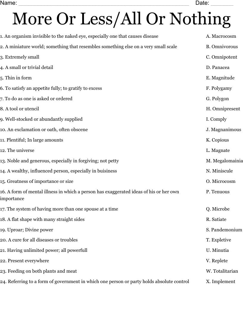 More Or Less/All Or Nothing Worksheet