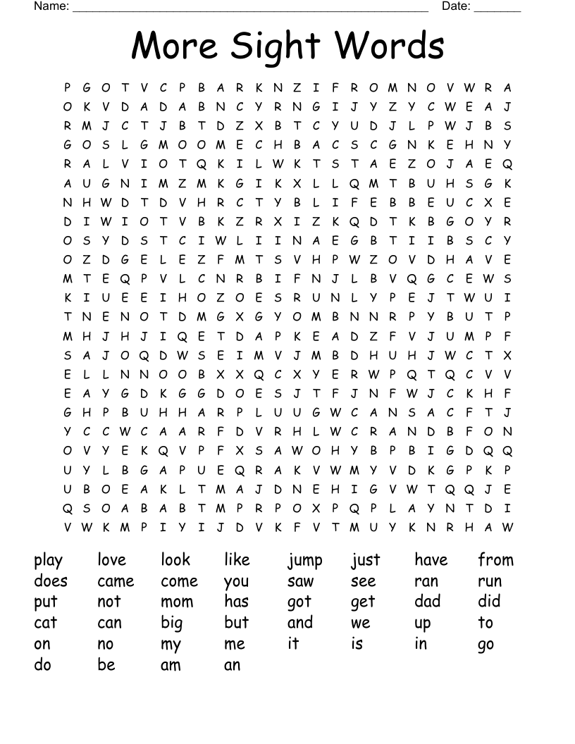 More Sight Words Word Search