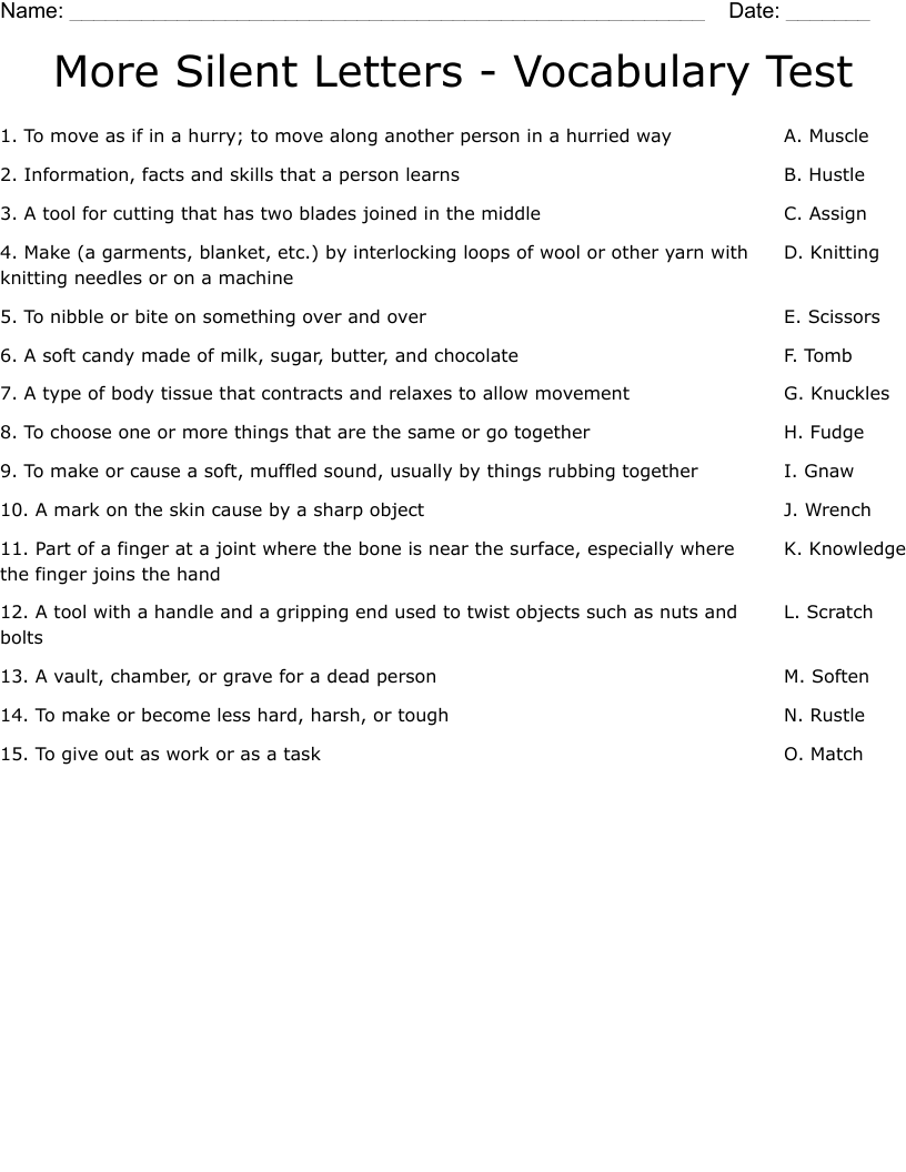 More Silent Letters - Vocabulary Test  Worksheet