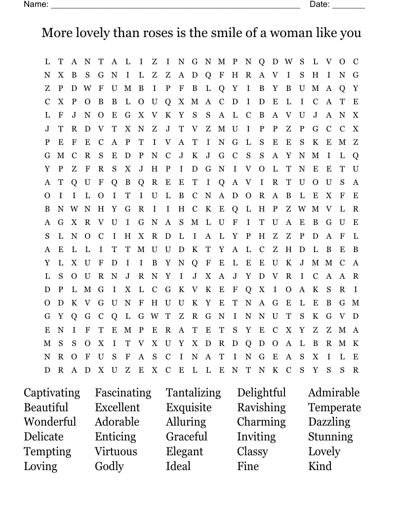 More lovely than roses is the smile of a woman like you Word Search