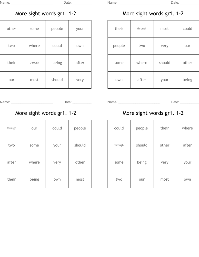 More sight words gr1. 1-2 Bingo Cards