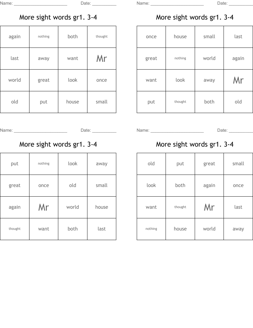 More sight words gr1. 3-4 Bingo Cards