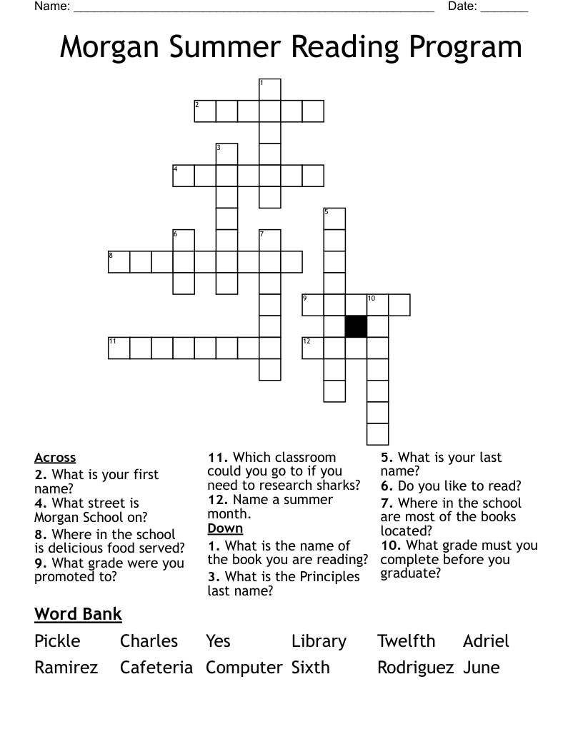 Morgan Summer Reading Program Crossword