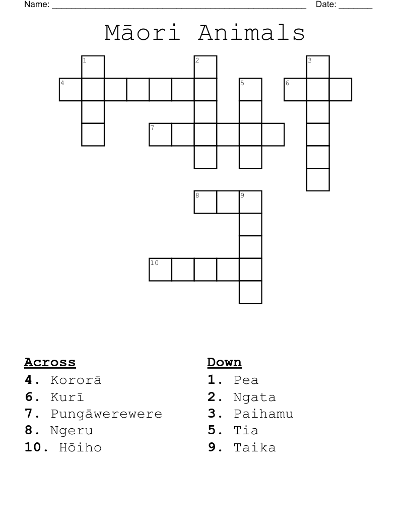 Māori Animals Crossword