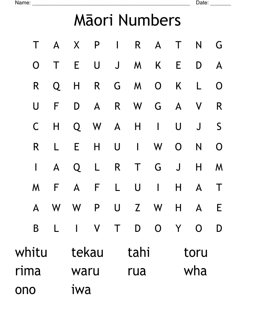 Māori Numbers Word Search