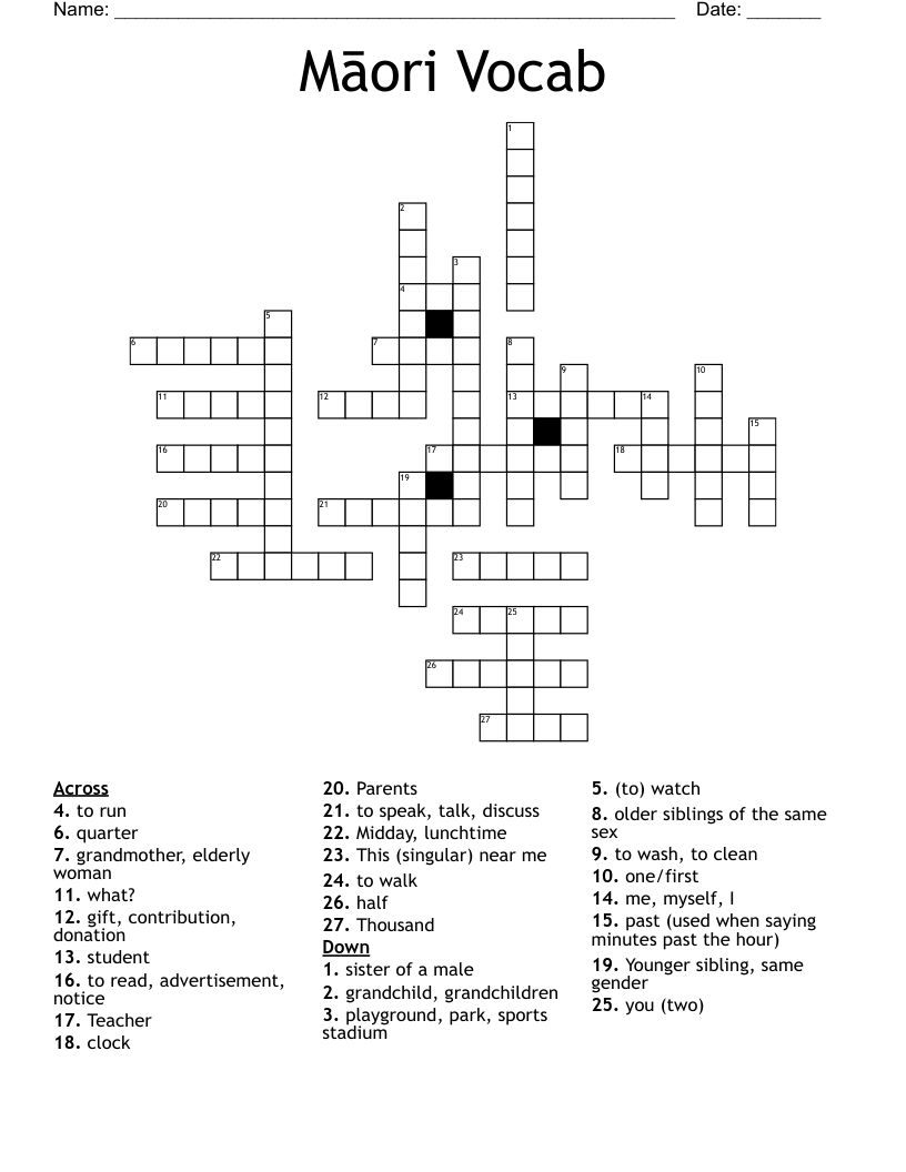 Māori Vocab Crossword