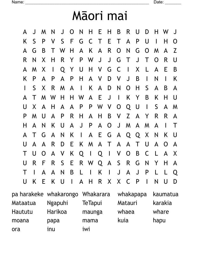 Māori mai Word Search