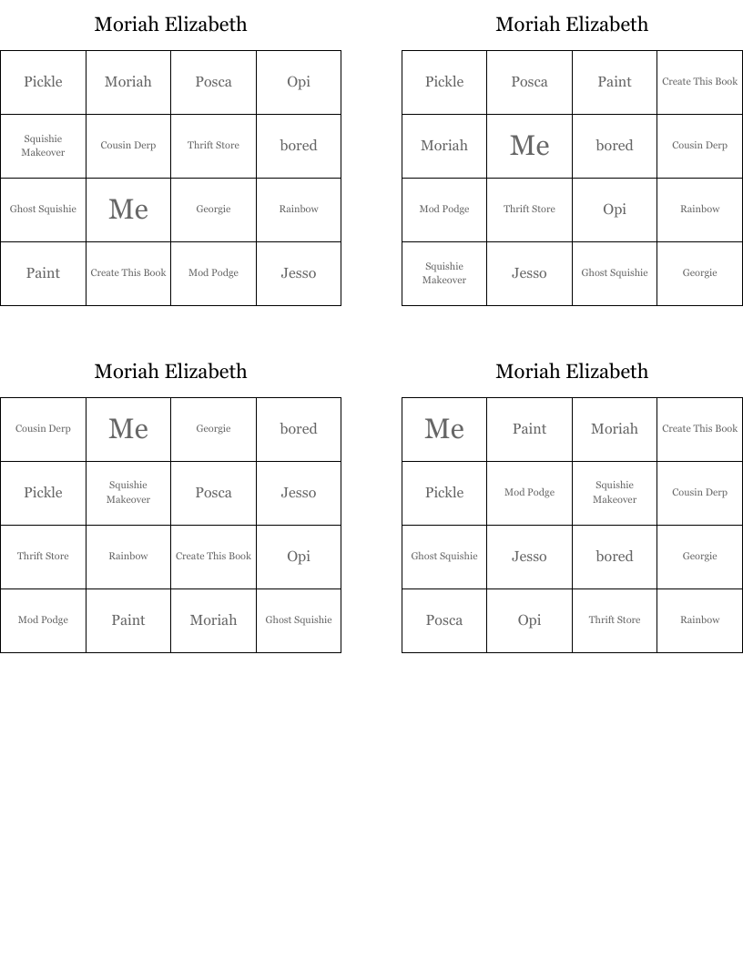 Moriah Elizabeth Bingo Cards