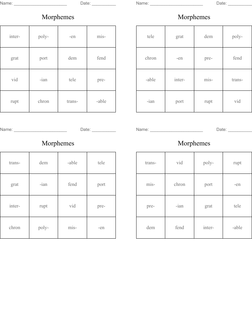 Morphemes Bingo Cards