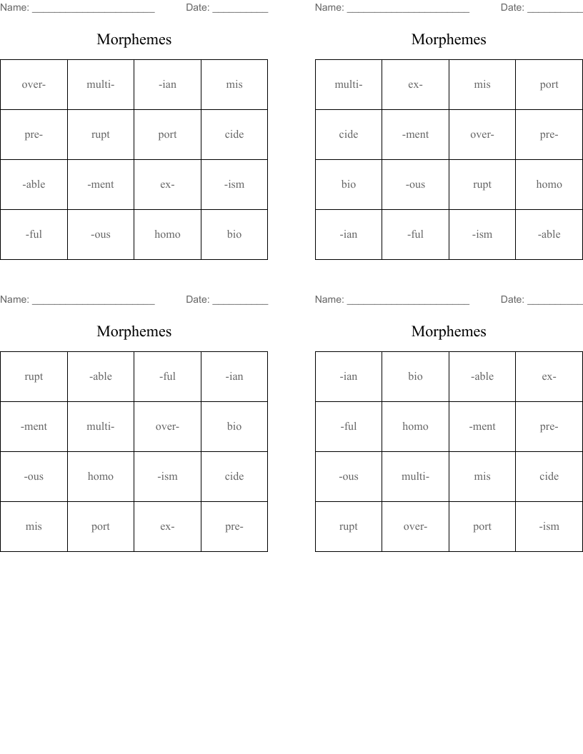 Morphemes Bingo Cards