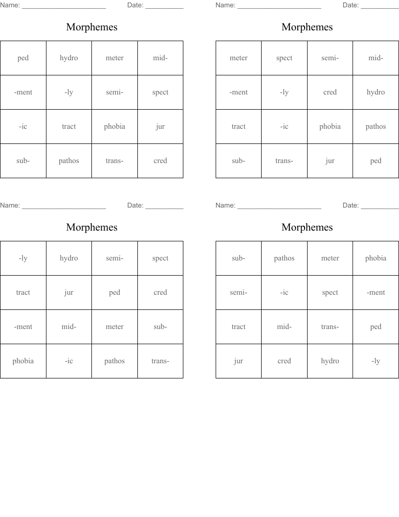Morphemes Bingo Cards