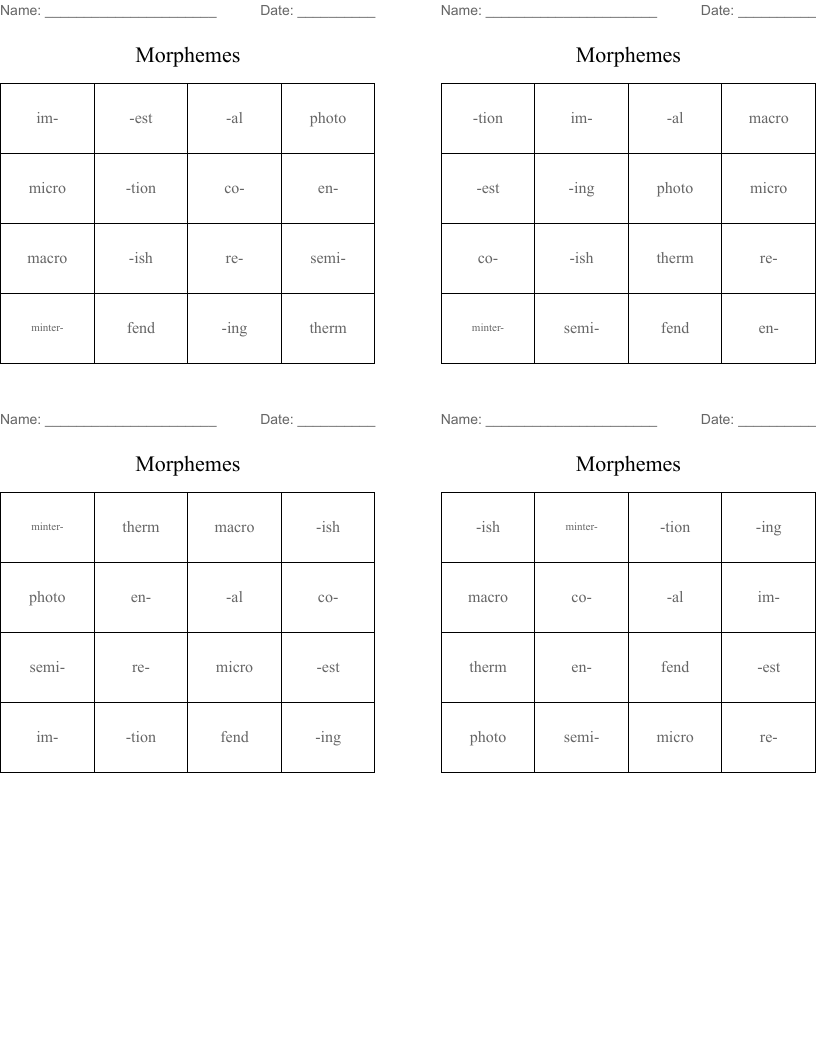 Morphemes Bingo Cards